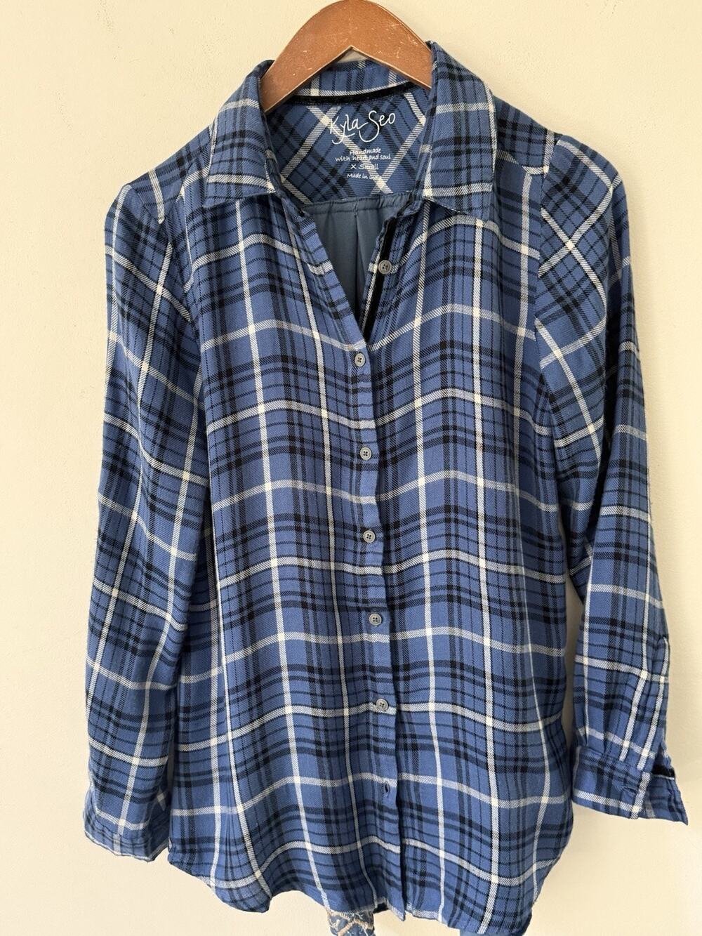 Kyla Seo Womens X- Small Embroidered Plaid Button Down Babydoll Tunic Top Shirt